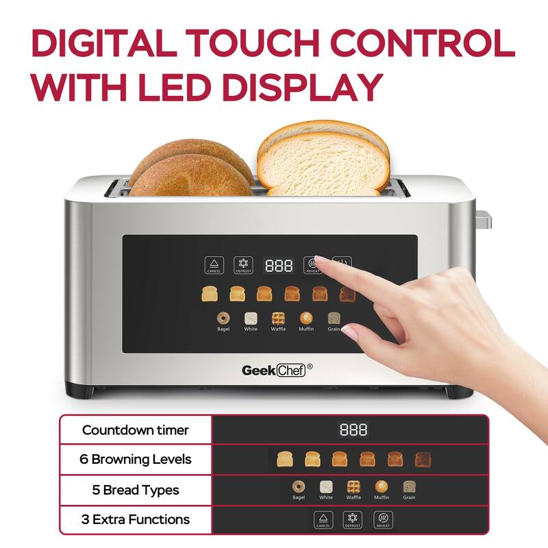 4 Slice Toaster with Extra Wide Slots, Stainless Steel Touch Screen Toaster with LED Display, Auto Shut Off