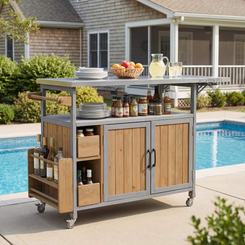 Christopher Knight Home - 54.33" Solid Wood Mobile Outdoor Kitchen Cart with Stainless Steel Top & Spice Rack & Lockable Wheels - Grey