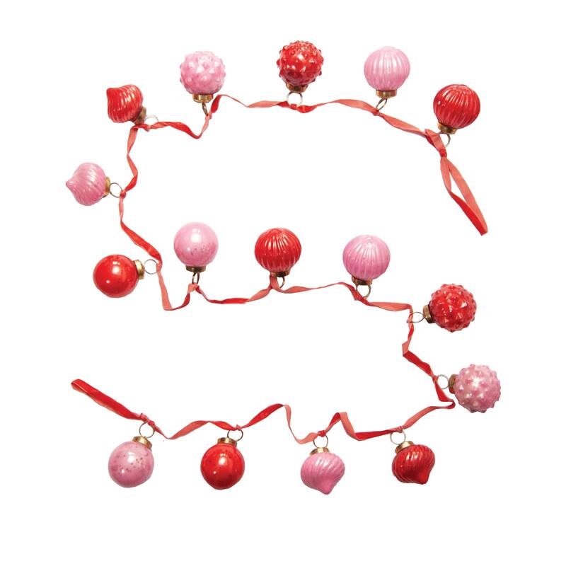 Embossed Mercury Glass Ornament Garland with Velvet Ribbon - 72.0"L x 2.0"W x 2.0"H - Pink;Red