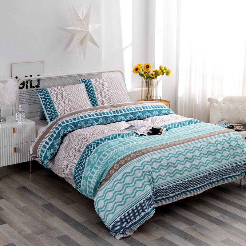 3 Piece Stripe Boho Duvet Cover Set with Zipper Ties - King - 21 Pattern