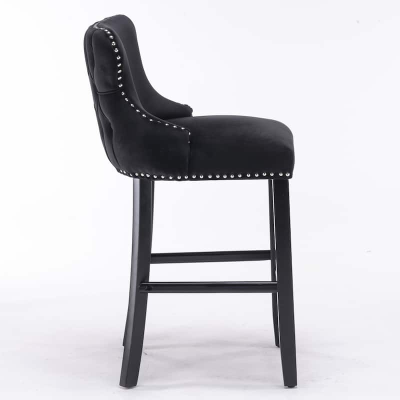 Leisure Style Velvet Upholstered Bar Stools Set of 2,with Button Tufted Decoration and Wooden Legs