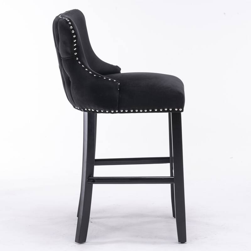 Velvet Wingback Bar Stools Set of 2, Button Tufted Dining Chairs with Footrest, Upholstered Counter Stools with Wooden Legs