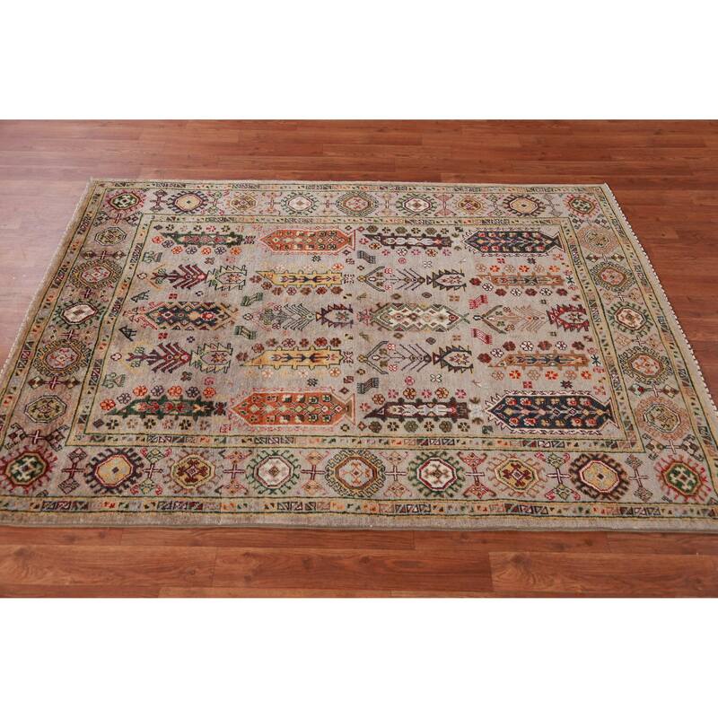 Hand Knotted Oriental 100% Wool Carpet Traditional Geometric Beige & Ivories Kazak Area Rug - 5' 8'' X 4' 0''