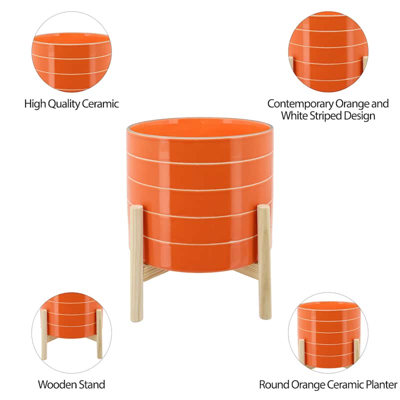 Sagebrook Home Modern Bright Orange Stripe Planter Pot with Natural Wood Stand