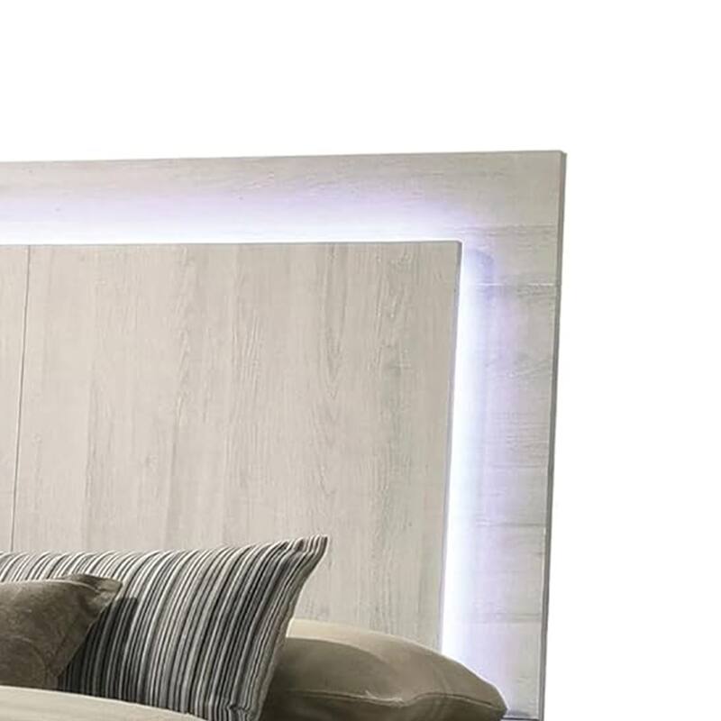 Hyao King Size Bed w LED Headboard, White Wash Paper Veneer