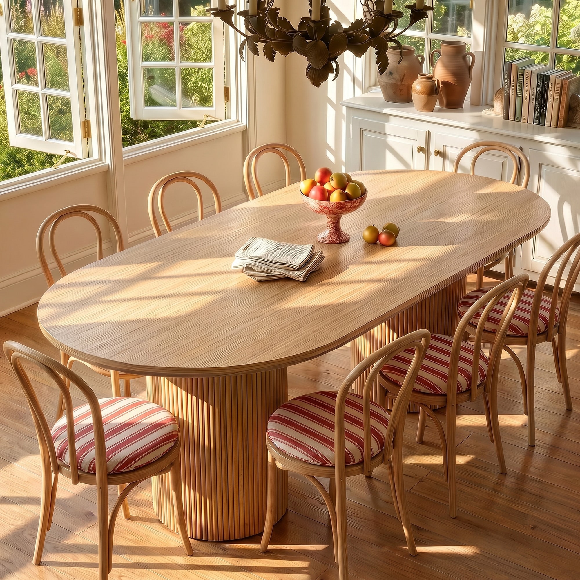 90.5" Oval Dining Table for 6-8 People, Modern Solid Wood Kitchen Table with Fluted Pedestal Bases