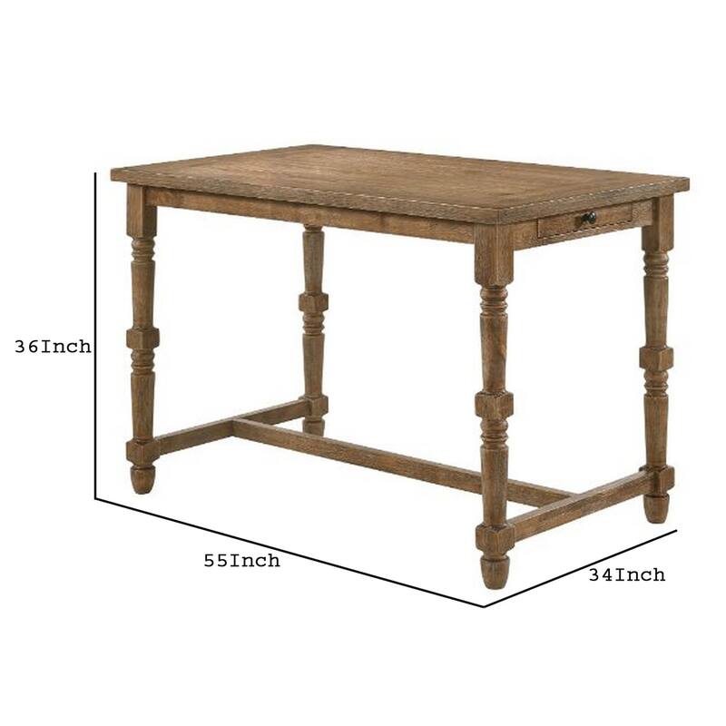 Counter Height Table with 1 Side Drawer and Turned Legs, Brown