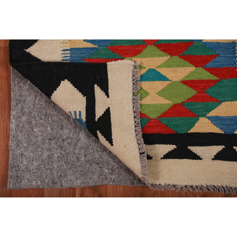 Hand Woven Oriental 100% Wool Carpet Southwestern Geometric Multi-Colored Kilim Runner Rug - 12' 8'' X 2' 8''