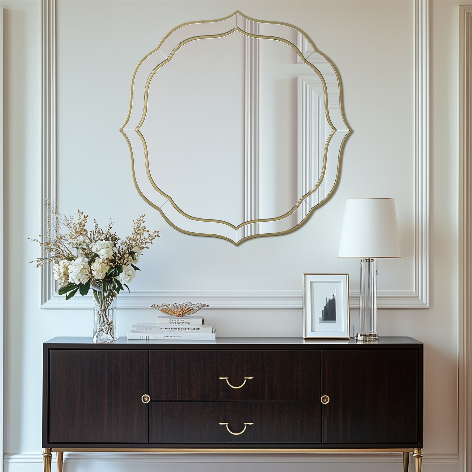 Rayflower ～One Side & One Side～ Versatile Silver Wall Mirror w/Flower Shape&Beveled Golden Edge