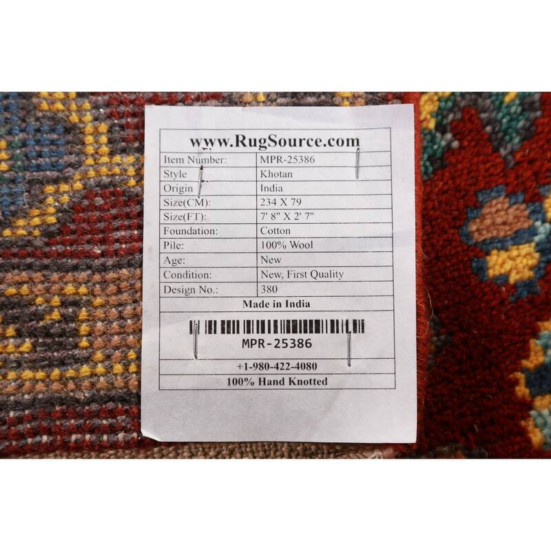 Red Geometric Khotan Indian Runner Rug Hand-Knotted Wool Carpet - 2'7"x 7'8"