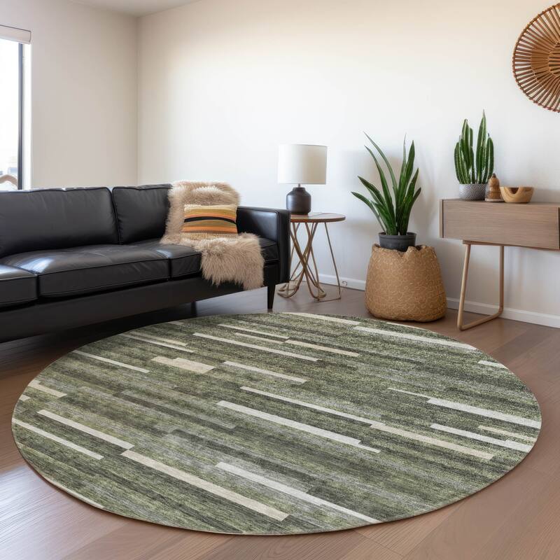 Premium Washable Super Soft Geo Stripes Mayfield Rug - Olive - 8' x 8'