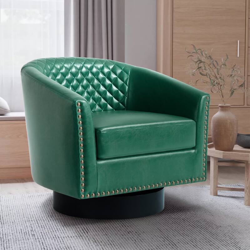Tufted PU Vegan Leather Swivel Barrel Chair with Nailheads Trim - Green