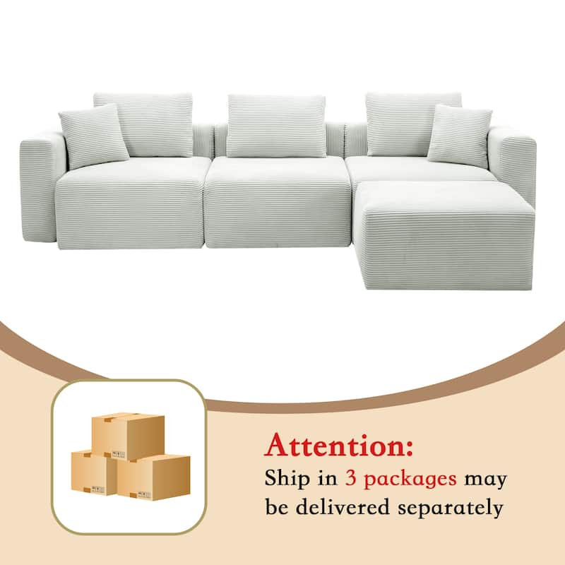 Corduroy Sectional Modular Sofa with Square Arms & Ottoman Extension for Flexible Arrangements