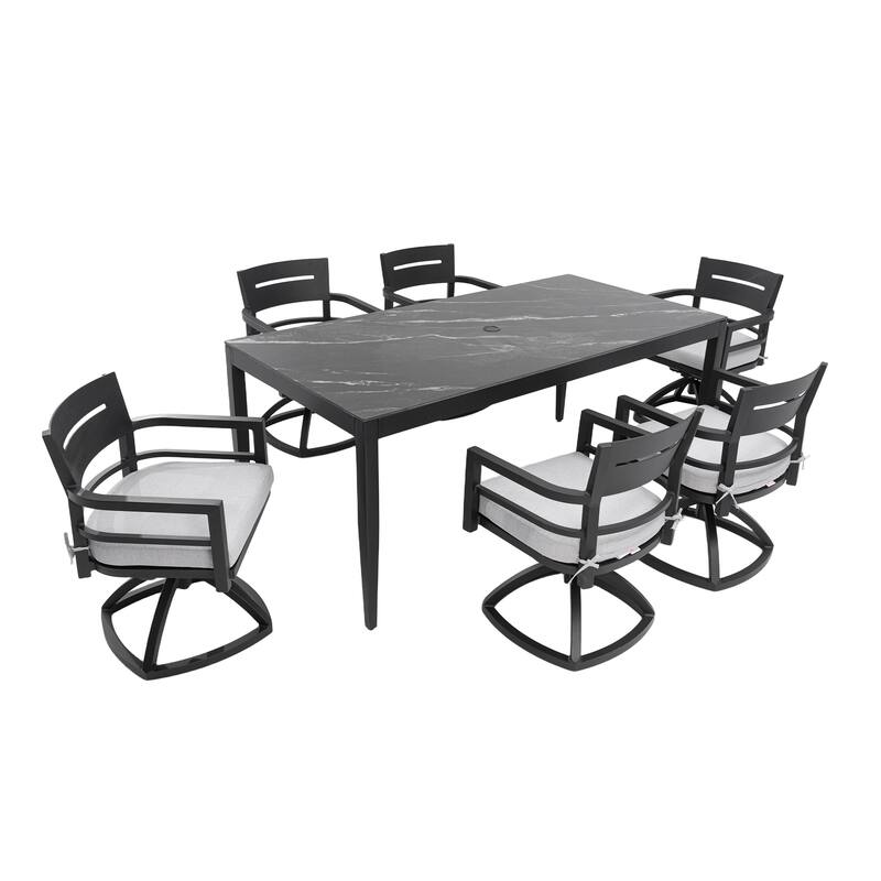 Modern 7-Piece Patio Dining Set with 35.5"x71" Black Marble Sintered Table and 6 Swivel Rockers, Ember Black