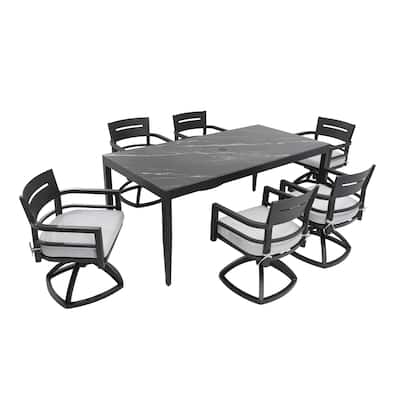 Modern 7-Piece Patio Dining Set with 35.5"x71" Black Marble Sintered Table and 6 Swivel Rockers, Ember Black