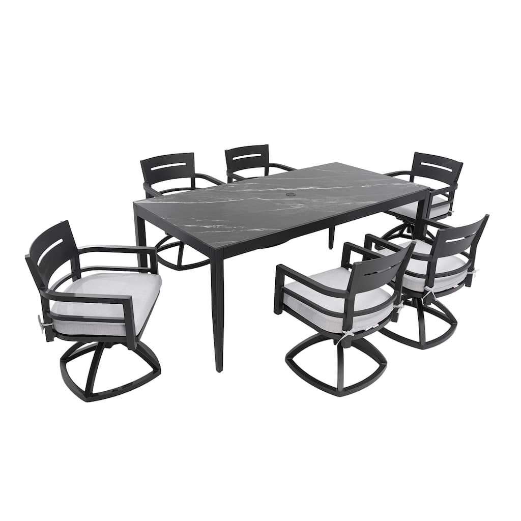 Modern 7-Piece Patio Dining Set with 35.5"x71" Black Marble Sintered Table and 6 Swivel Rockers, Ember Black
