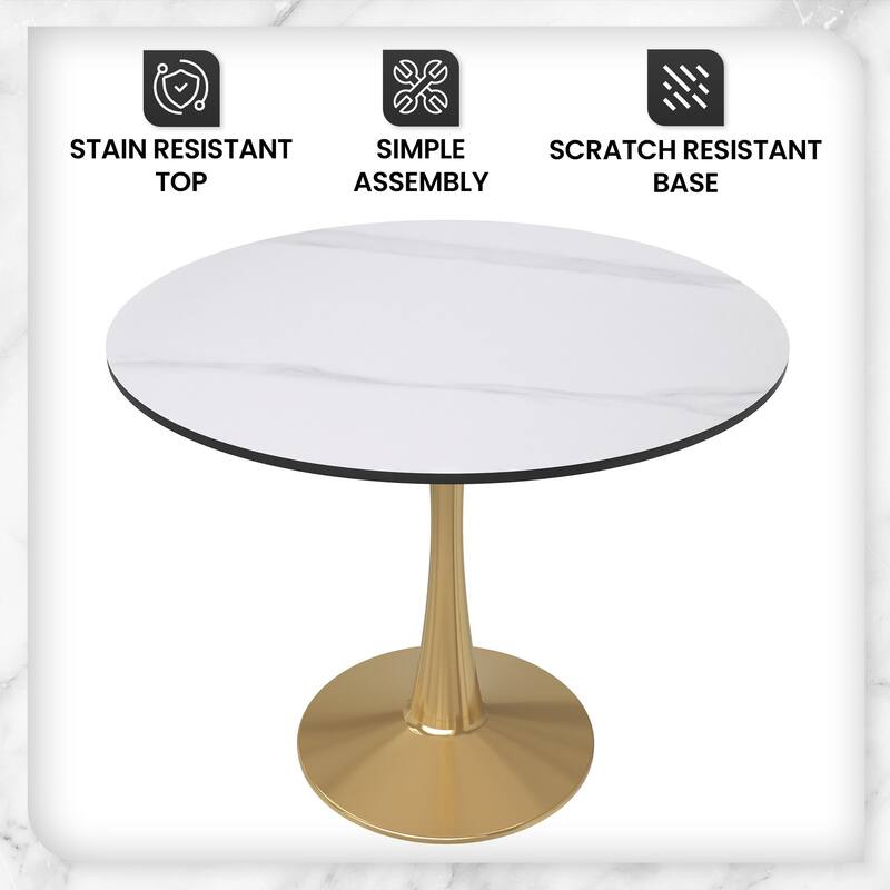 Bristol Round Dining Table 35 in. Sintered Stone Tabletop & Brushed Gold Stainless Steel Pedestal Base