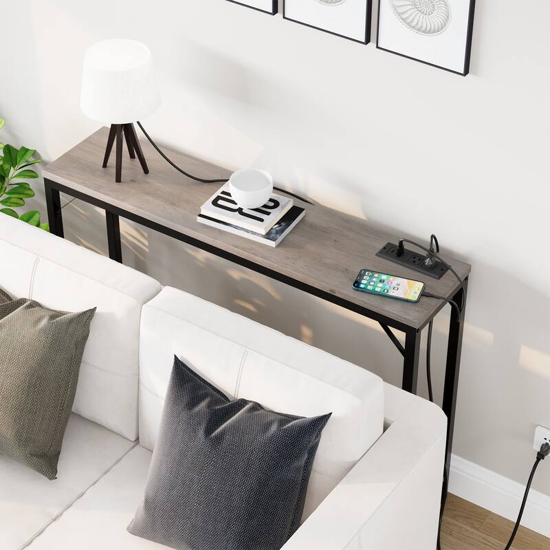 Console Table with Outlets, Narrow Sofa Table with Charging Station