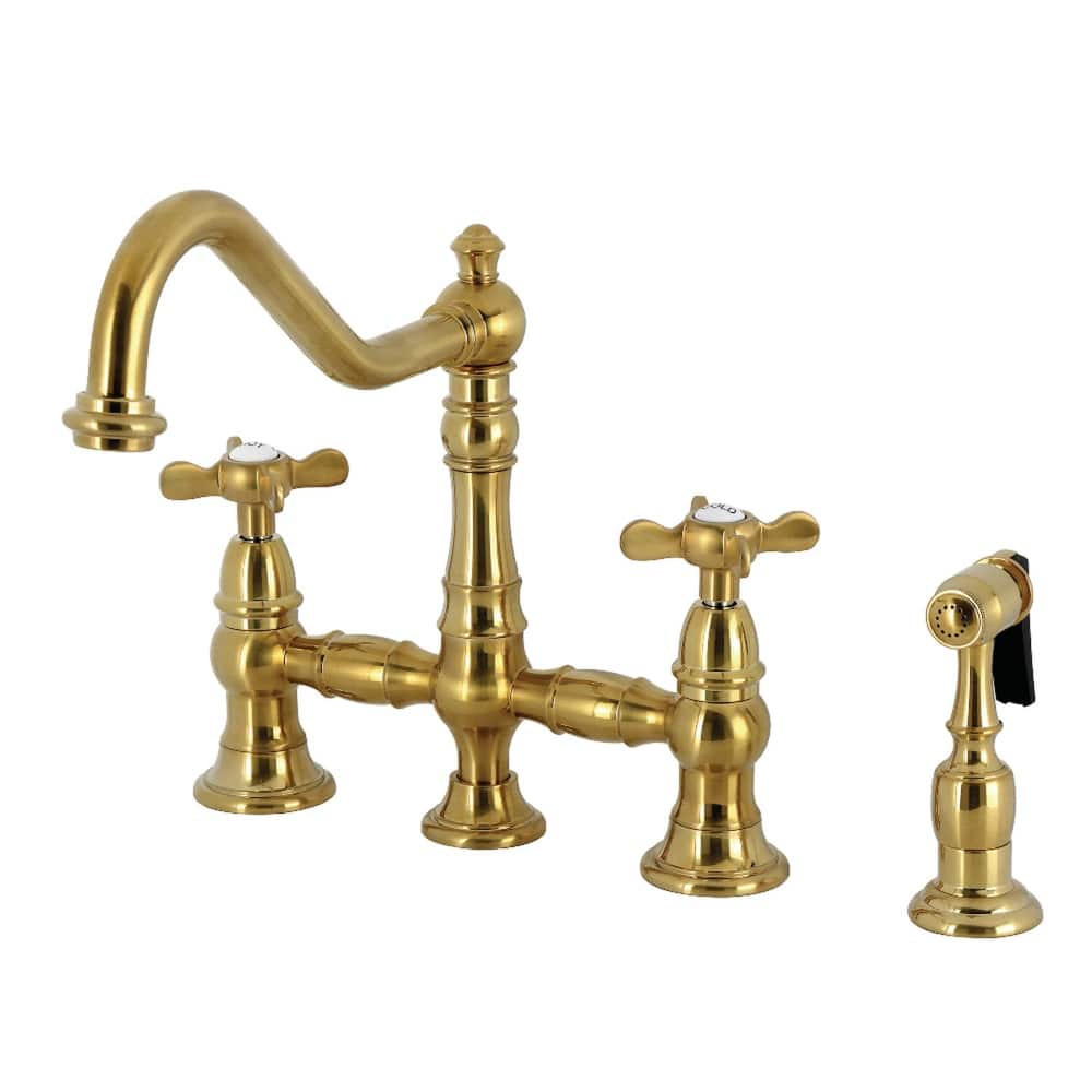 Kingston Brass Essex Two-Handle 4-Hole Deck Mount Bridge Kitchen Faucet with Brass Side Sprayer