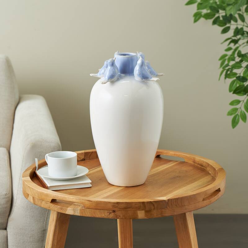 White Ceramic Bird Decorative Vase with Blue Accents - White - 8"W, 15"H