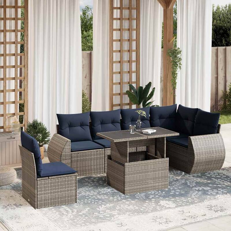vidaXL 7 Piece Patio Sofa Set with Cushions Black/Brown/Gray Poly Rattan - 24.4 x 24.4 x 27.2