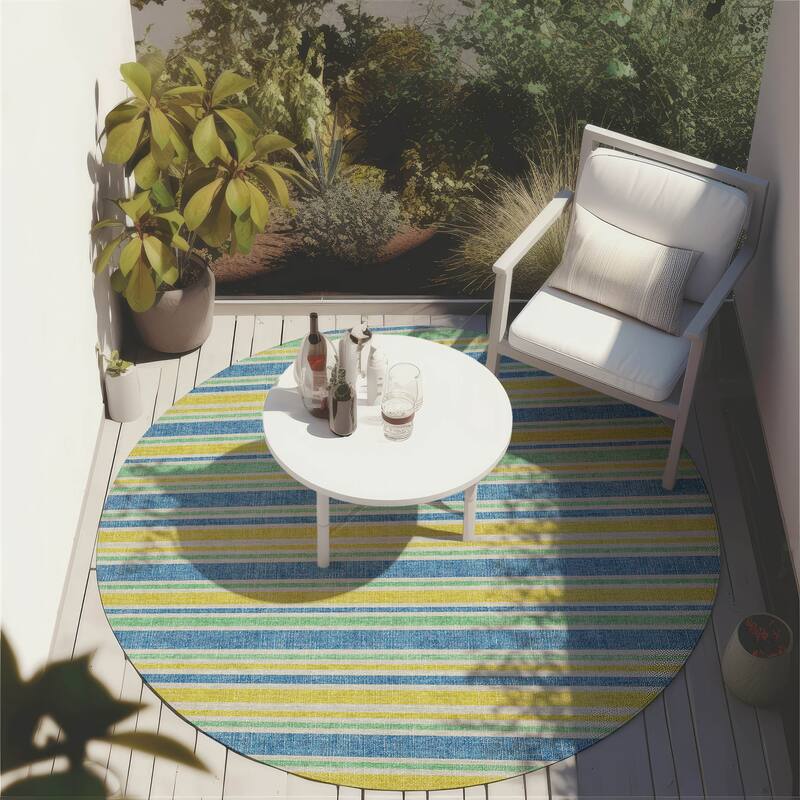 Machine Washable Indoor/ Outdoor Thin Cabana Stripe Chantille Rug - Yellow - 8' x 8'