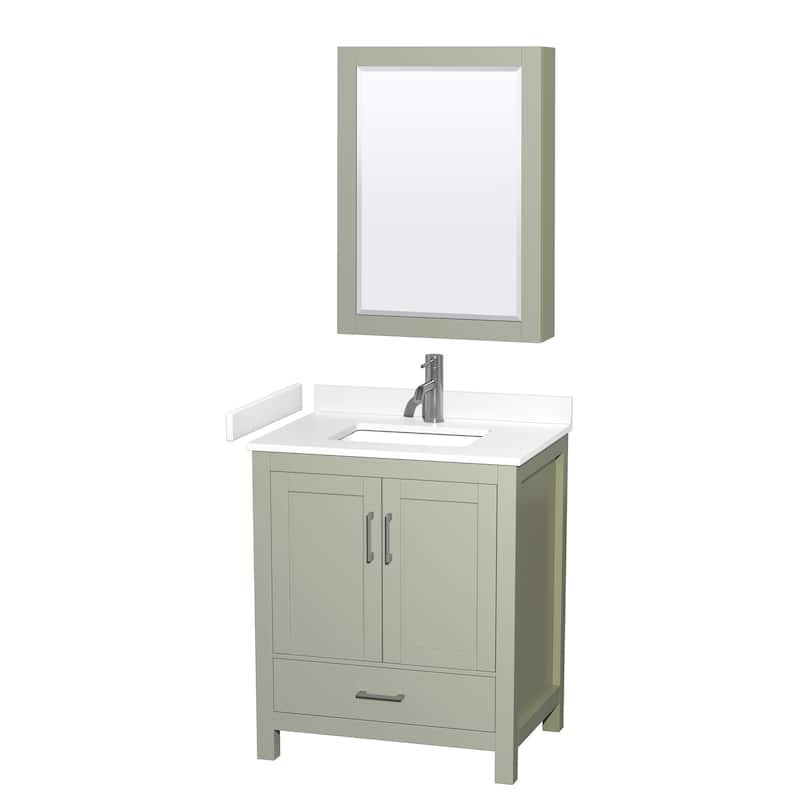 Sheffield Single Bathroom Vanity Set, Cultured Top, Medicine Cabinet - 30-Inch Single - Light Green, White Cultured Marble Top,Nickel Trim