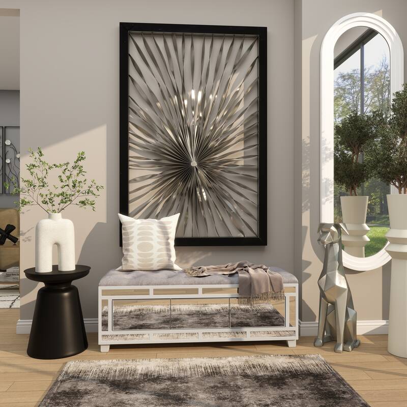 Gray Velvet Mirrored 3 Drawer Room Storage Bench with Upholstered Seat