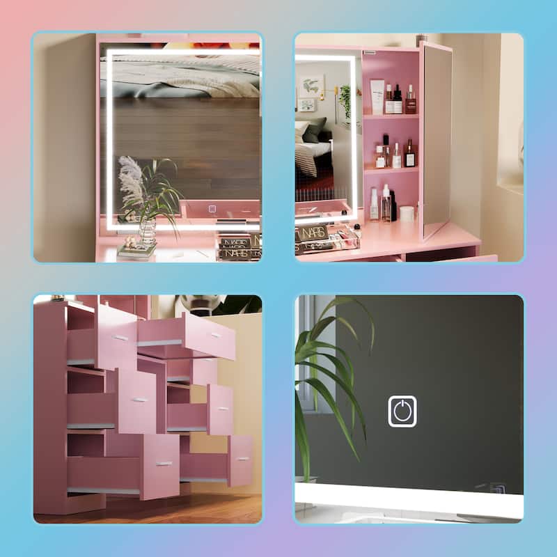 Vanity Set with Lighted Mirror,Extra Large Mirror Makeup Vanity Table with 7 Drawers,white
