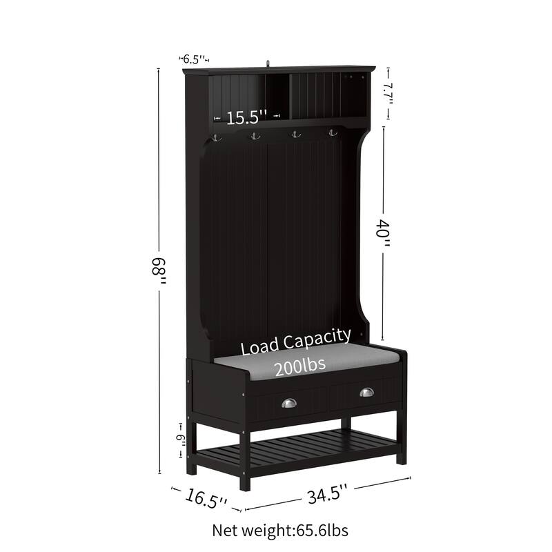 3-in-1 Hallway Hall Tree with 2 Storage Drawer and 4 Coat Rack,Shoe Rack Bench with Padded Seat Cushion,with Top Storage Shelf