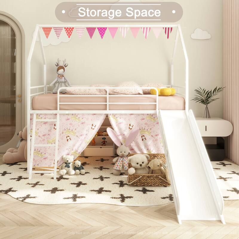 Kids' Twin Loft Bed with Slide, Curtain Set, Banner Flag, and Star Stickers in Multiple Colors