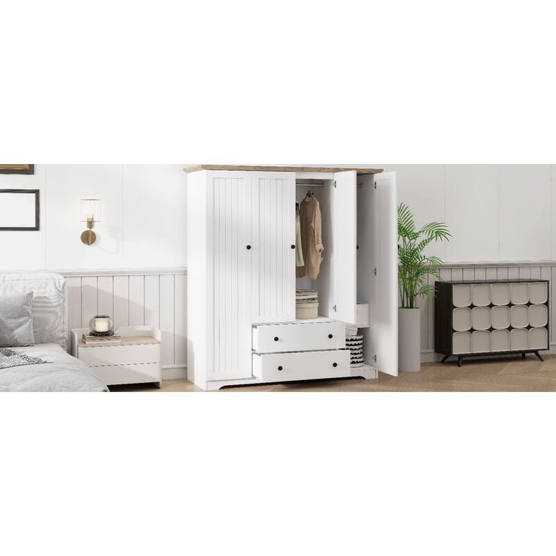 Roomfitters 4-Door Wardrobe Armoire with 2 Drawers and Hanging Rail