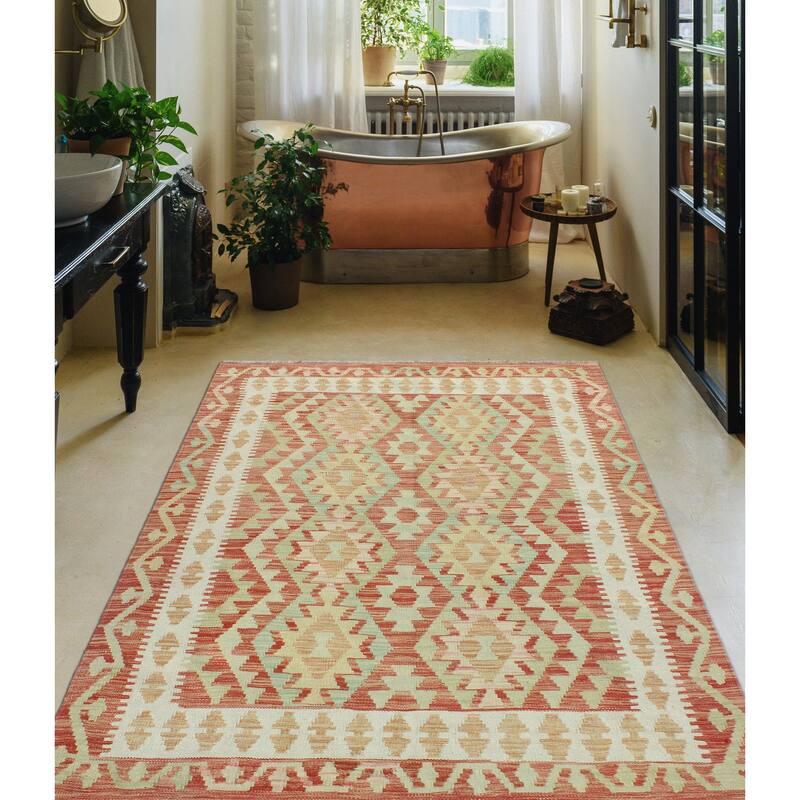 Sun Faded Flatweave Zafirah Red/Ivory Rug - 4'2" x 6'1"