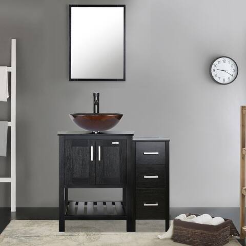 36" Bathroom Vanity Set Tempered Glass Ceramics Vessel Sink With Side Cabinet Combo