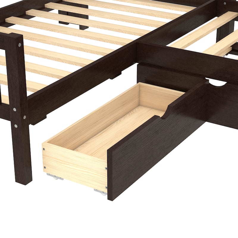 L-shaped Bunk Platform Bed Twin Size Solid Wood Storage Bedframe with Trundle, Drawer and Open Shelves for Boys, Girls, Kids