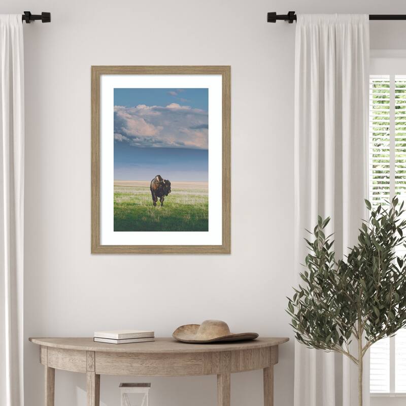 Sunlight Bison by Annie Bailey Art Wood Framed Wall Art Print - Woodgrain Stripe Mocha