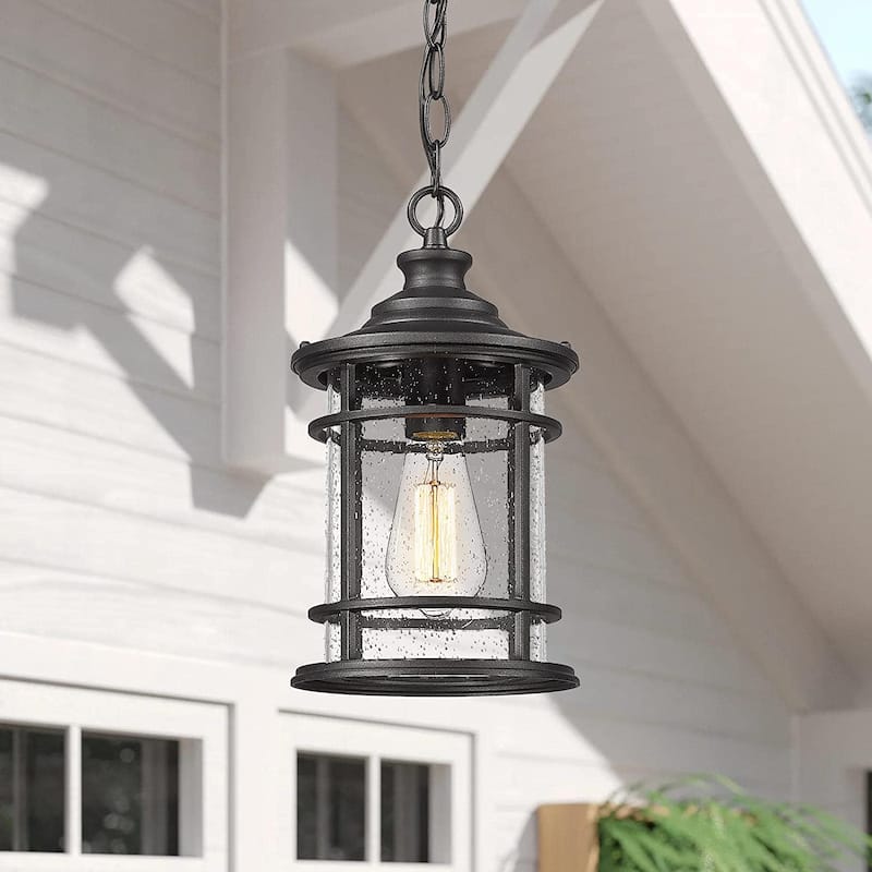 Modern Outdoor Pendant Light - Outdoor Hanging Porch Light with Seeded Glass Shade