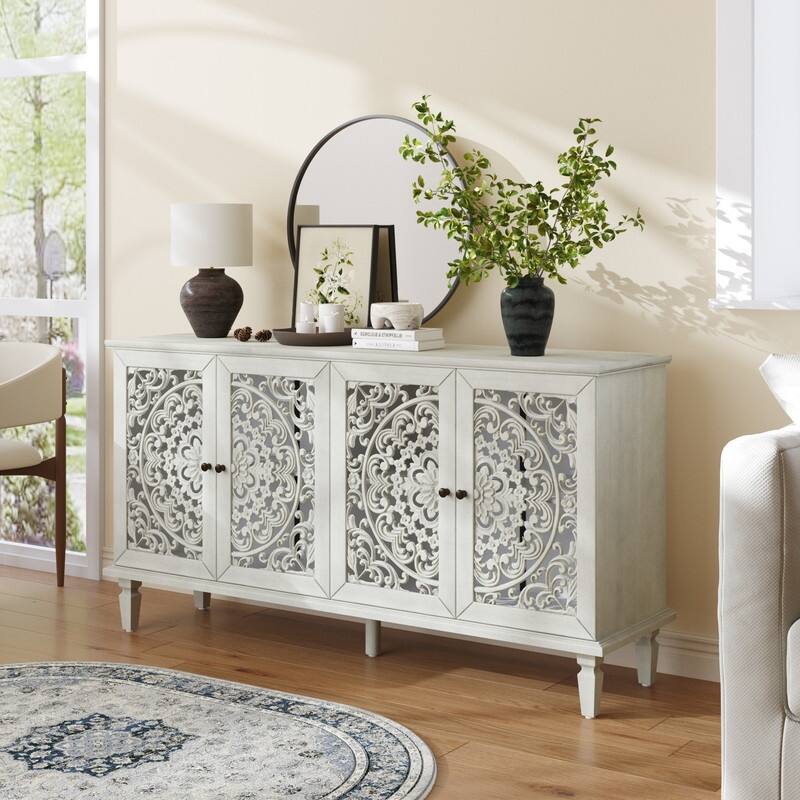 60" Antique Buffet Sideboard with Floral Carvings Solid Wood Legs and Adjustable Shelves for Versatile Storage