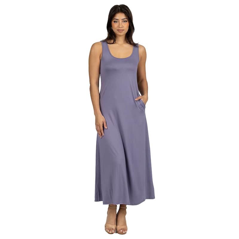 24seven Comfort Apparel Scoop Neck Sleeveless Maxi Dress with Pockets - Red - M