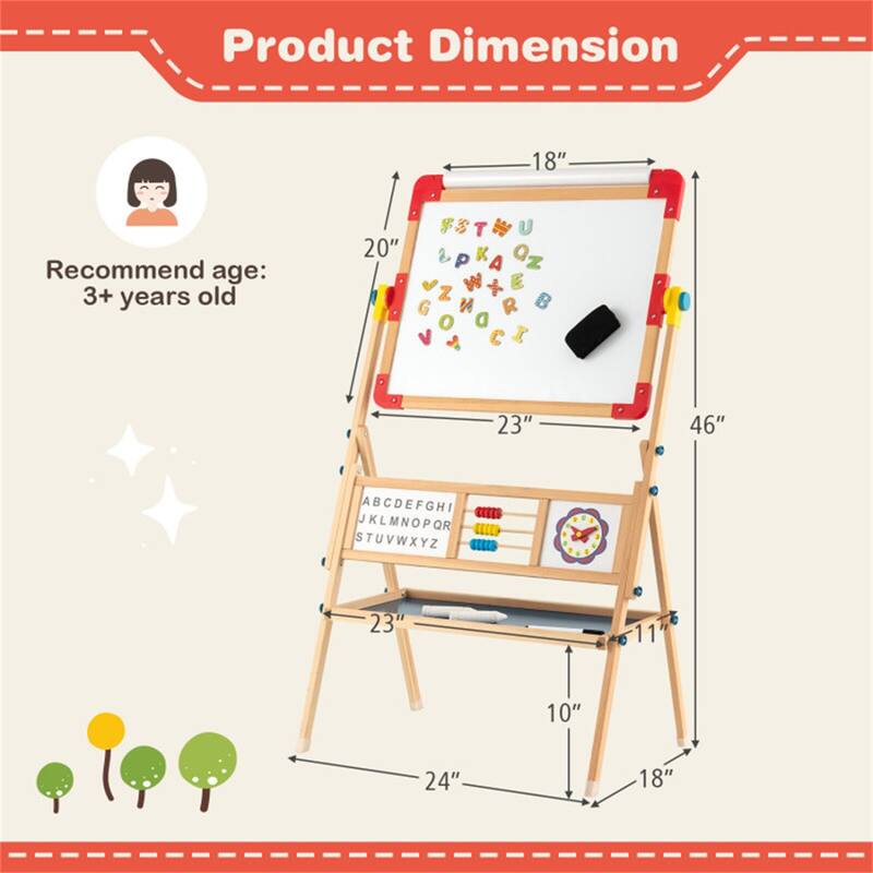 3-in-1 Kids Wooden Art Easel with Rotatable Blackboard Whiteboard Paper Roll Abacus - 24" x 18" x 46" (L x W x H)