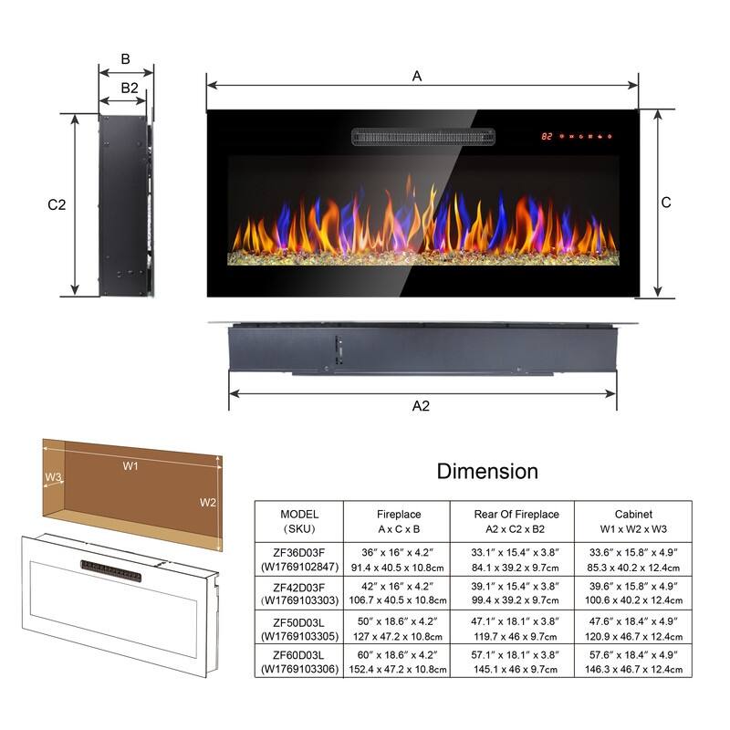 Recessed Wall-mounted Electric Fireplace with Remote Control, 16 Flame Colors and Timer