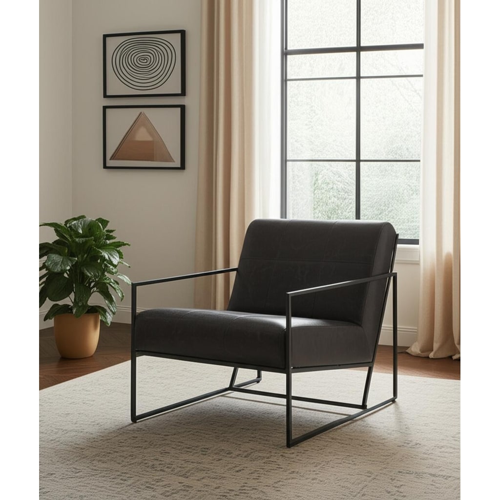 HomeRoots 37" Black Genuine Leather and Metal Lounge Chair - 36.50 in. x 29.50 in. x 27.25 in.