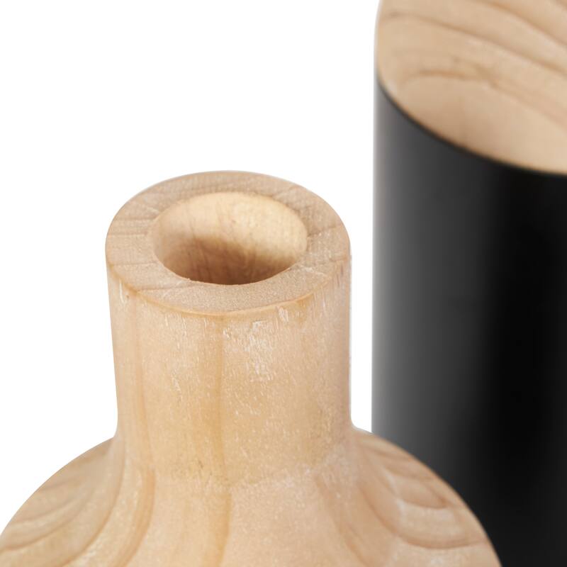 Black Wood Colorblock Decorative Vase with Light Brown Wood Tops (Set of 2)