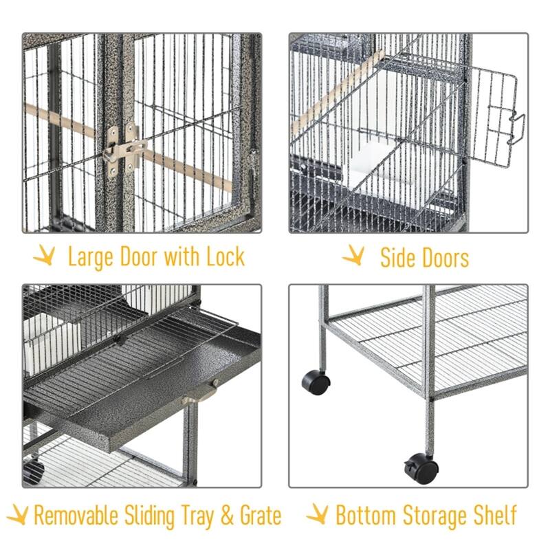 Large Metal Bird Cage with Wheels, Perches, and Food Containers - 37.5" L x 18" W x 40.25" H