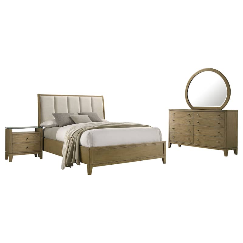 Heon 4pc Queen Bedroom Set, Beige Tufted Headboard, Natural Brown