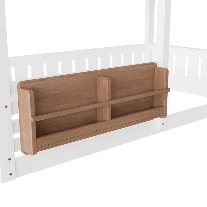 Fairytale House Bunk Bed Wood Loft Bed Frame with Bookshelf and Shelf