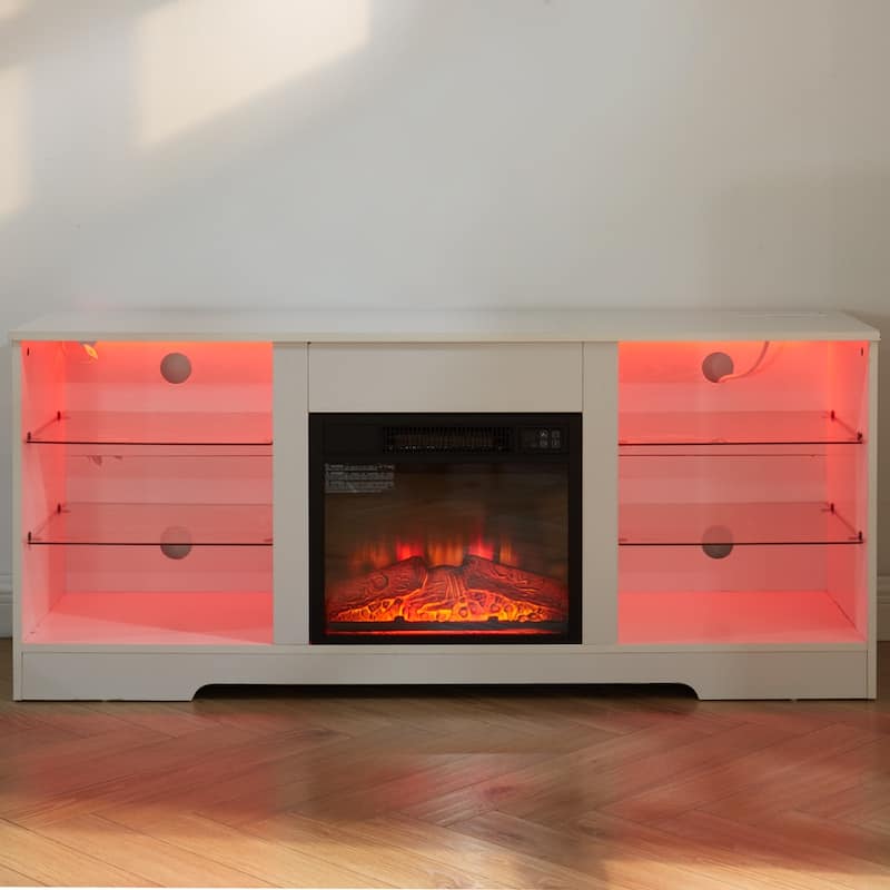 57.87" Electric Fireplace TV Stand with Glass Shelves, LED Lights, and USB Charging Outlet for TVs Up to 50"
