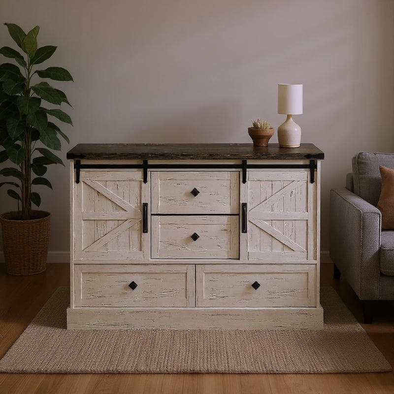 4-Drawers Dresser,with Sliding Barn Doors - White