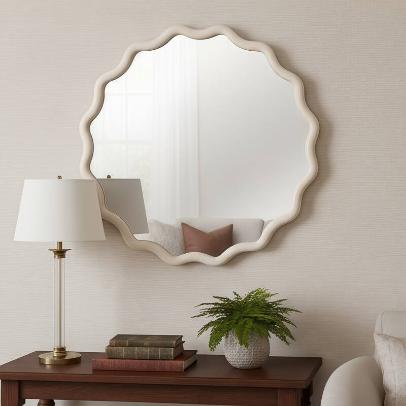 Wavy Round Solid Wood Frame Decorative Mirror Modern Farmhouse Wall Mirror For Bedroom Bathroom Living Room Entryway