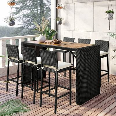7-Piece Rattan Dining Set, Bar Furniture Set with Wood Tabletop &6 Chairs